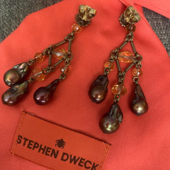 STEPHEN DWECK gorgeous bronze tone chandelier earrings baroque pearls & crystals - Picture 3 of 7